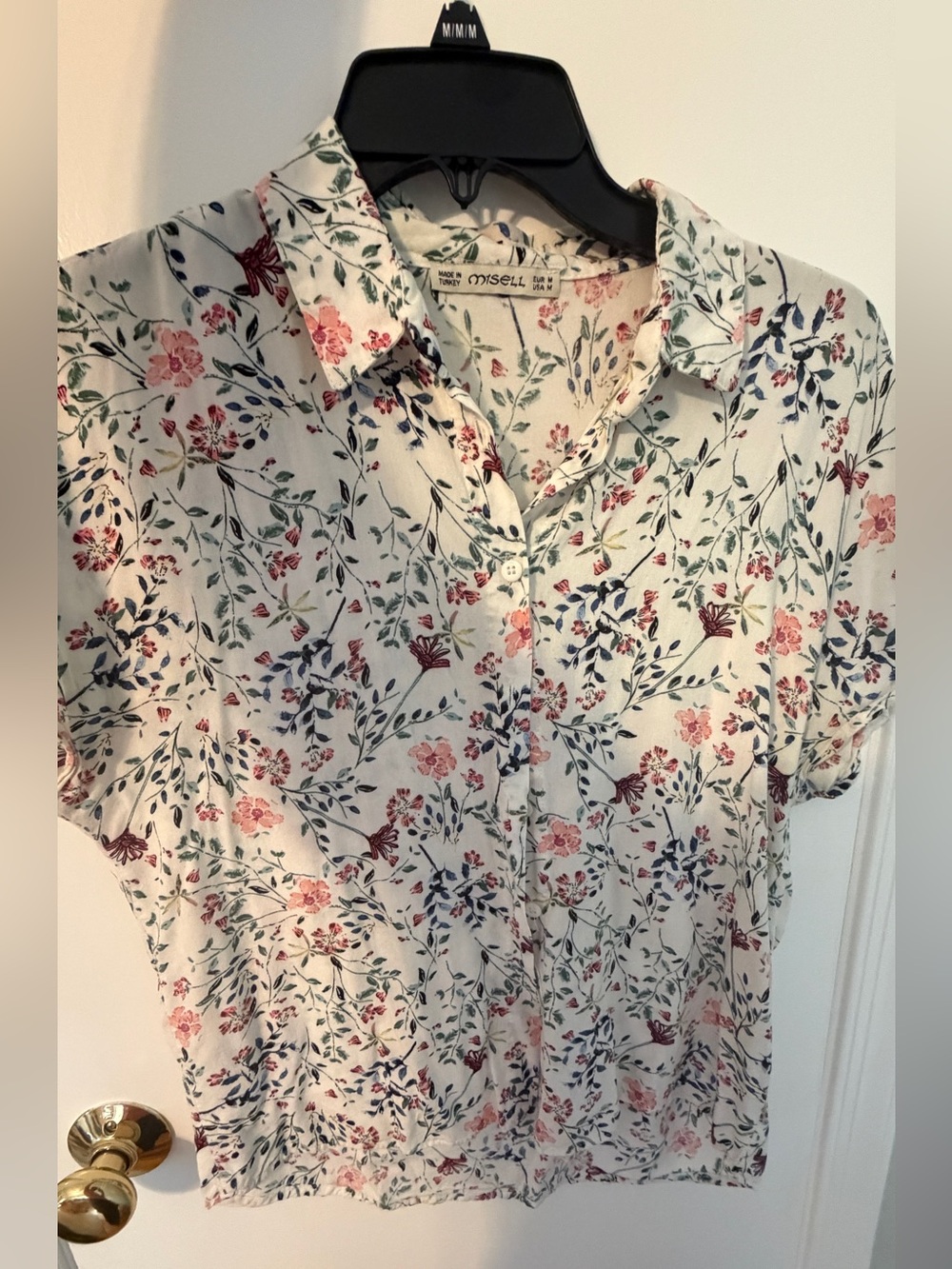Floral Button-Front Short Sleeve Top - Cream with Pink & Green Floral Print